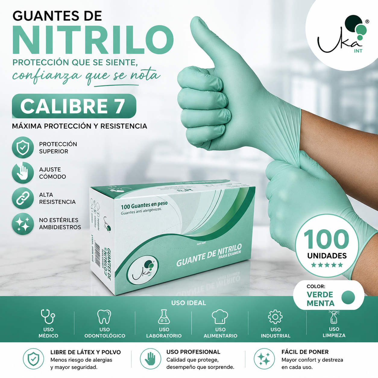 Caja de Guantes de Nitrilo Verde - Calibre 7 (100 Unidades)