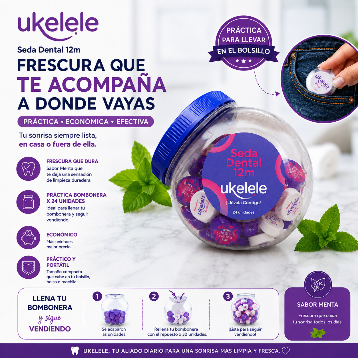 Bombonera Exhibidora Seda Dental Ukelele 12m (24 Unidades)