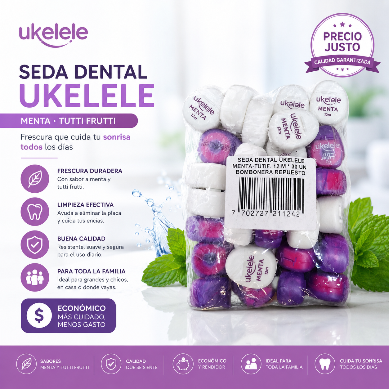 Repuesto Seda Dental Ukelele Menta y Tutti Frutti - 12m (Bolsa x 30 Unidades)