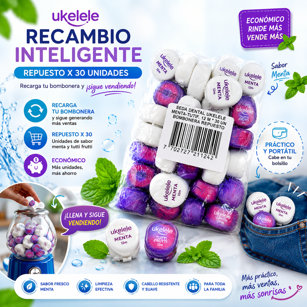 Repuesto Seda Dental Ukelele Menta y Tutti Frutti - 12m (Bolsa x 30 Unidades)