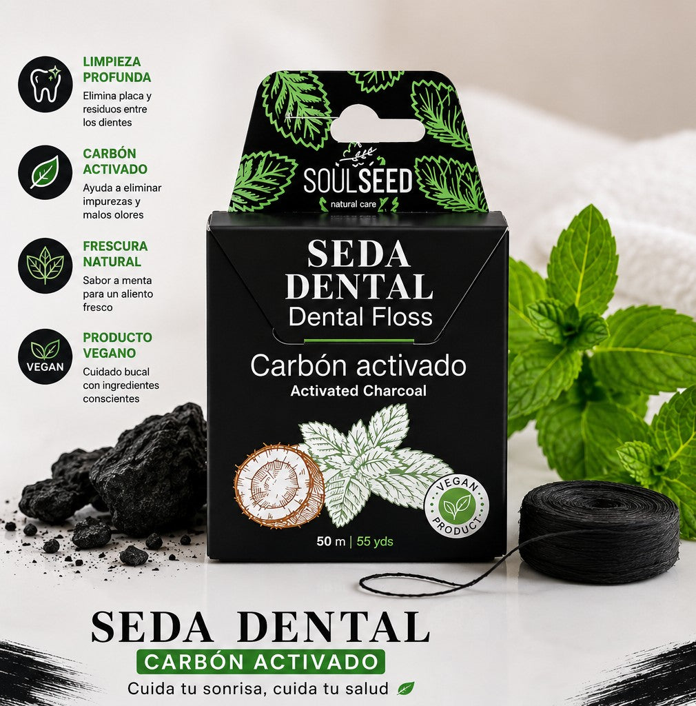 Seda Dental SoulSeed Carbón Activado & Menta (50m) - 100% Vegana