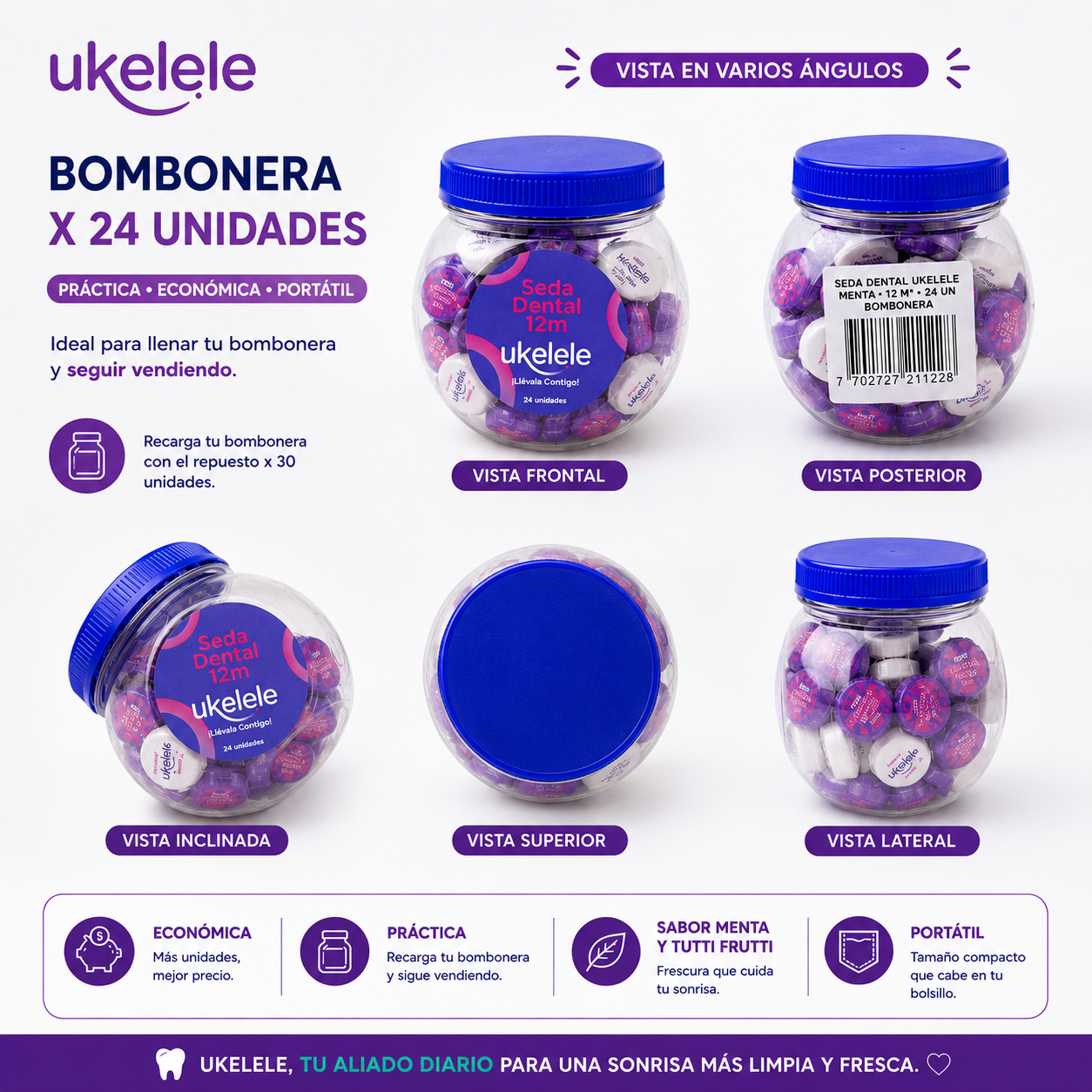 Bombonera Exhibidora Seda Dental Ukelele 12m (24 Unidades)