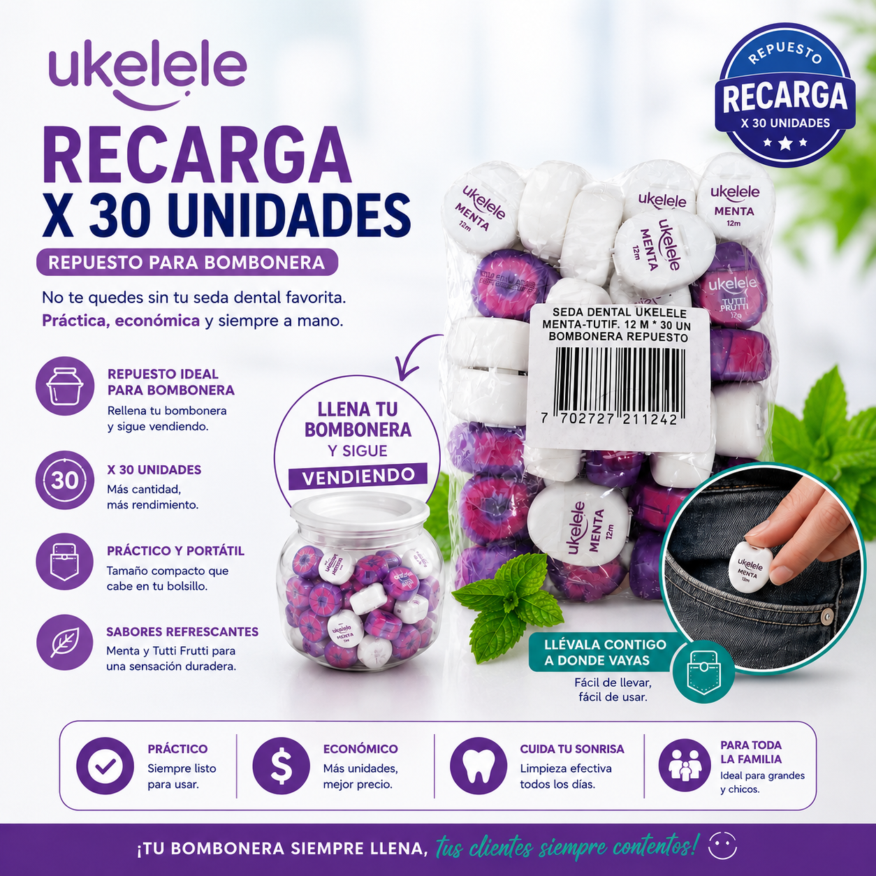 Repuesto Seda Dental Ukelele Menta y Tutti Frutti - 12m (Bolsa x 30 Unidades)