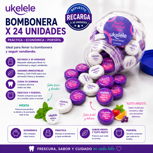 Bombonera Exhibidora Seda Dental Ukelele 12m (24 Unidades)