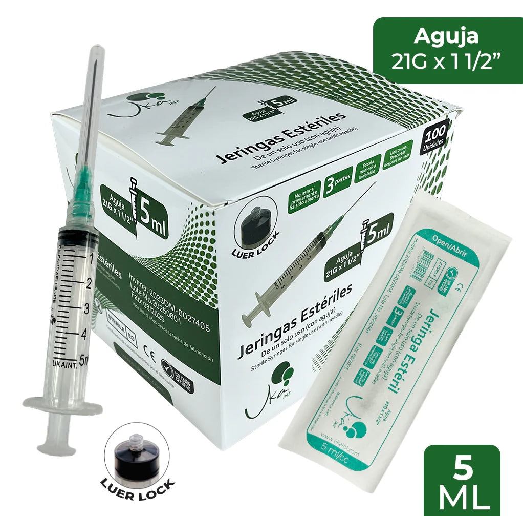 Jeringas Esteriles de 5ml/21G x 100 UND