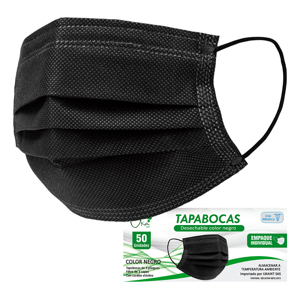 Tapabocas Negro caja x 50 UND (Empaque Individual) Ideal para clínicas y droguerías