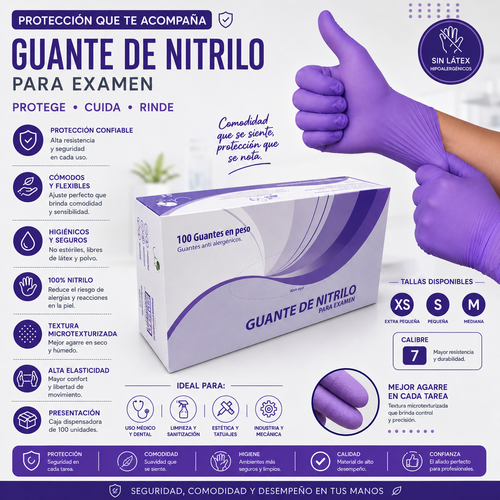 Caja de Guantes de Nitrilo Morados - Calibre 7 (100 Unidades)